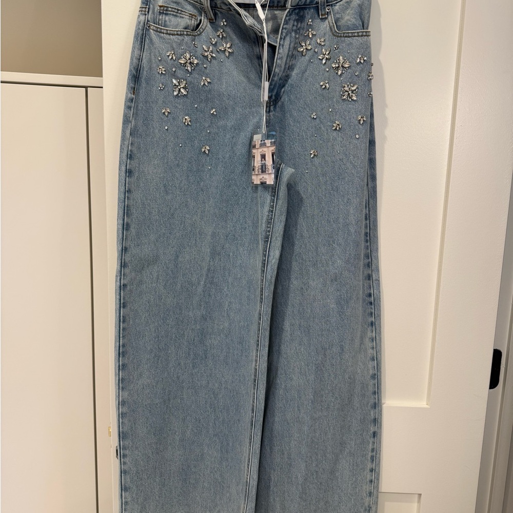 Self-Portrait Light Blue Embellished Wide Leg Jeans
